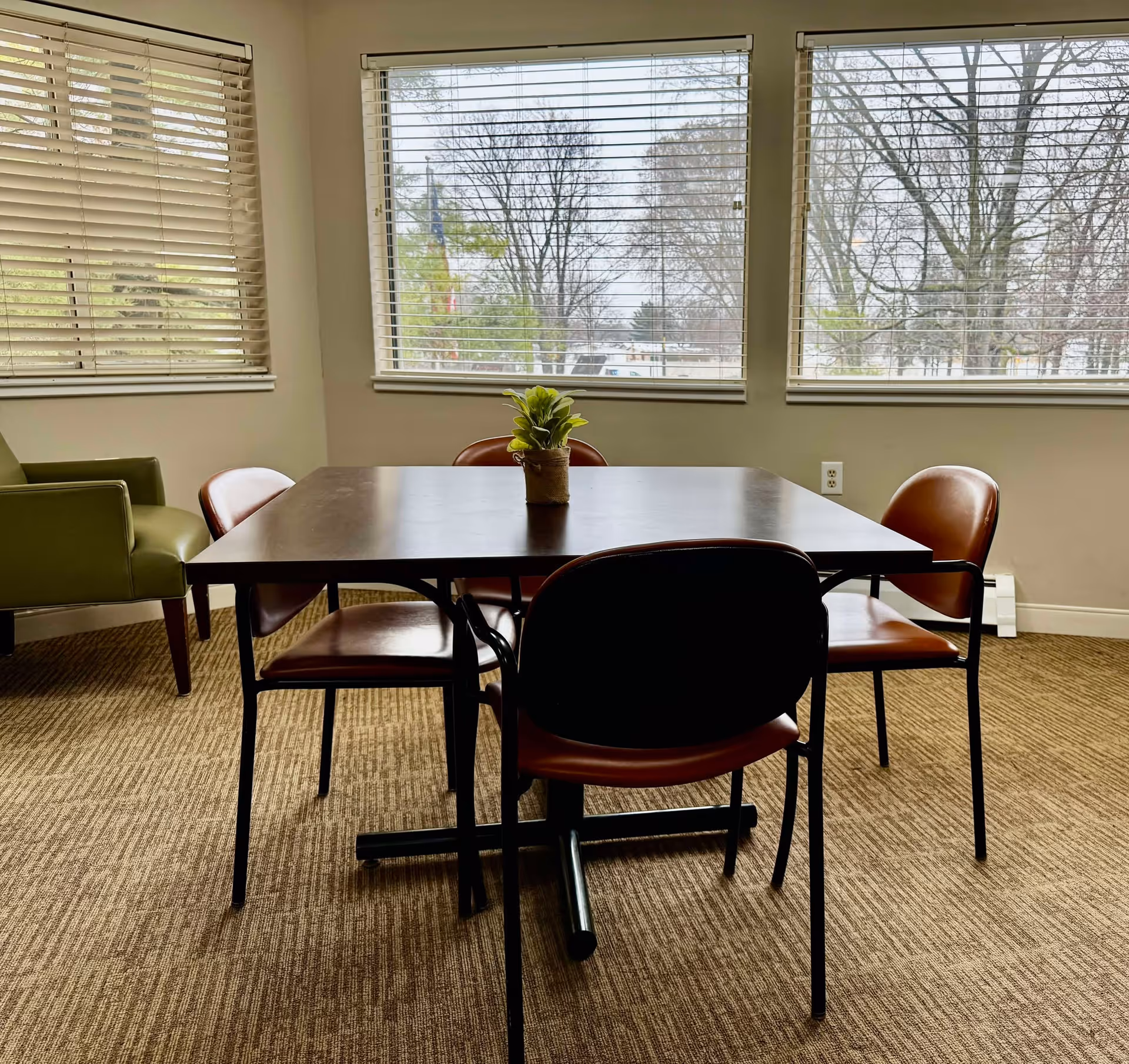 A small square table with four brown chairs around it and a small potted plant in the center. The room has large windows with blinds partially open, showing trees outside. There is a green armchair to the left and beige carpet flooring.