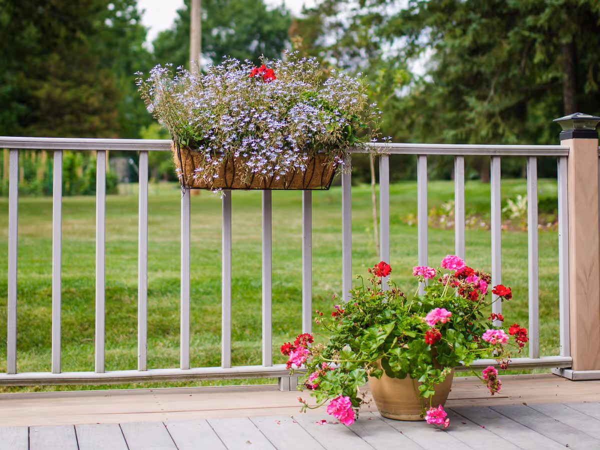 A wooden deck with a metal railing featuring a hanging basket filled with small purple flowers and a pot on the floor with pink and red flowers. In the background, there is a green grassy area and trees.