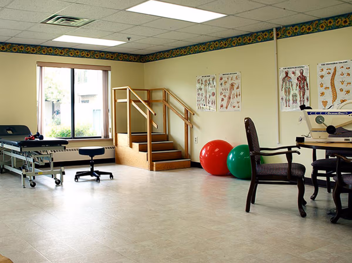 A physical therapy room with a treatment table, a rolling stool, wooden stairs with handrails, two large exercise balls (one red and one green), anatomical posters on the wall, a window with a view outside, and a table with chairs.