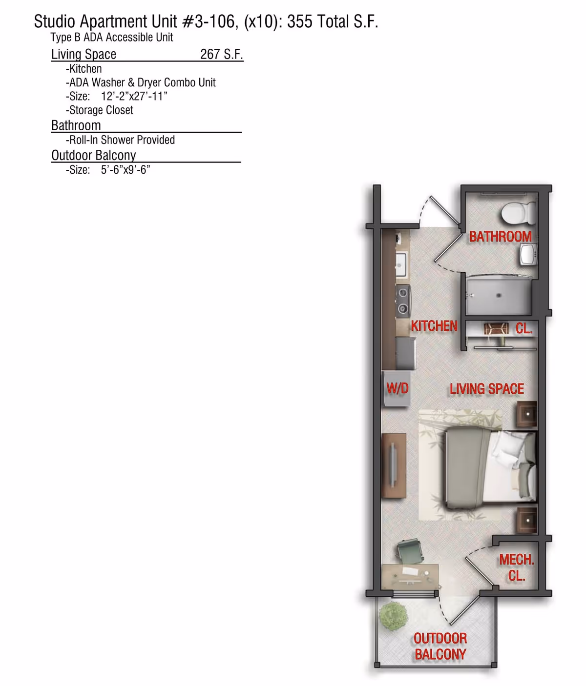 Floor plan of a studio apartment unit #3-106 at Saucon Valley Manor showing a living space with a bed, nightstands, a desk, and a TV. The kitchen area includes appliances and a washer/dryer combo. There is a bathroom with a roll-in shower, a closet, a mechanical closet, and an outdoor balcony.