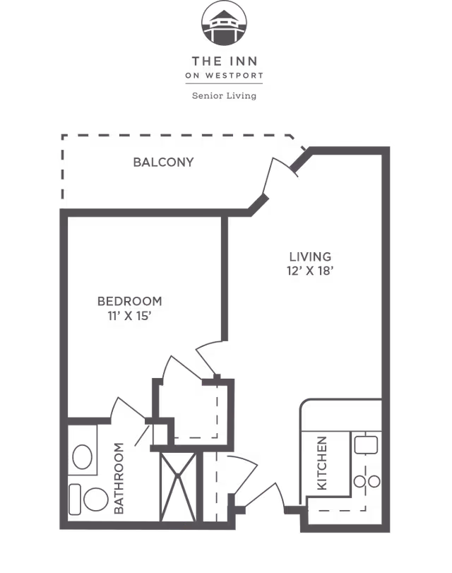 Floor plan of a senior living unit at The Inn on Westport showing a bedroom measuring 11 by 15 feet, a bathroom, a living room measuring 12 by 18 feet, a kitchen, and a balcony.