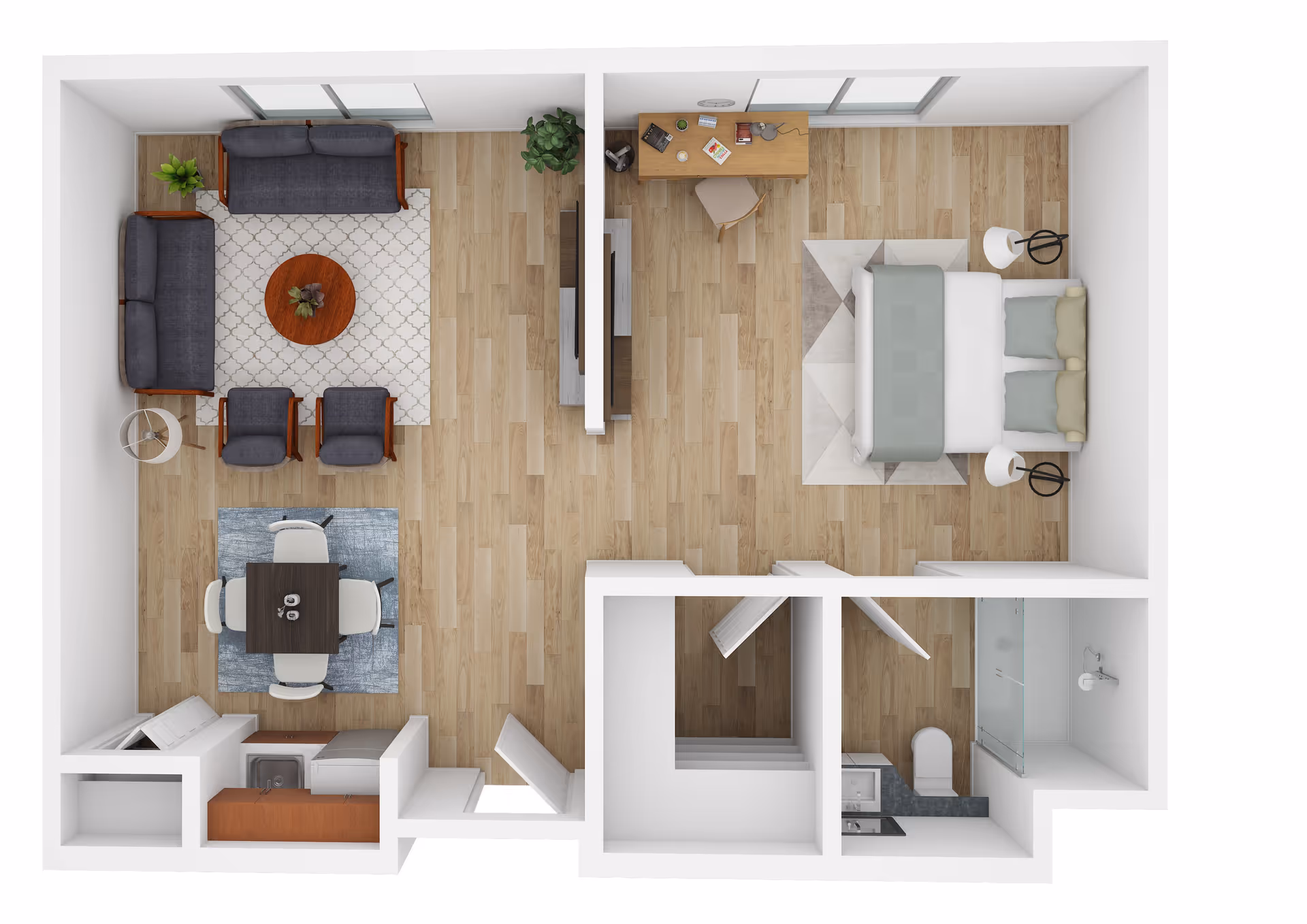 Top-down view of a one-bedroom apartment floor plan featuring a living room with two sofas, two armchairs, a round coffee table, and a rug. Adjacent to the living room is a dining area with a square table and four chairs on a blue rug. The kitchen area includes a sink and appliances. The bedroom has a double bed with two pillows, two bedside lamps, a desk with a chair, and a TV mounted on the wall. The bathroom includes a shower, toilet, and sink. The flooring throughout is light wood.