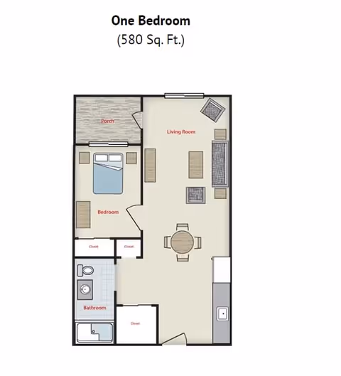 Floor plan of a one-bedroom apartment with 580 square feet, showing a porch, bedroom with two closets, bathroom, living room with furniture, dining area with a round table and four chairs, and a kitchen area.