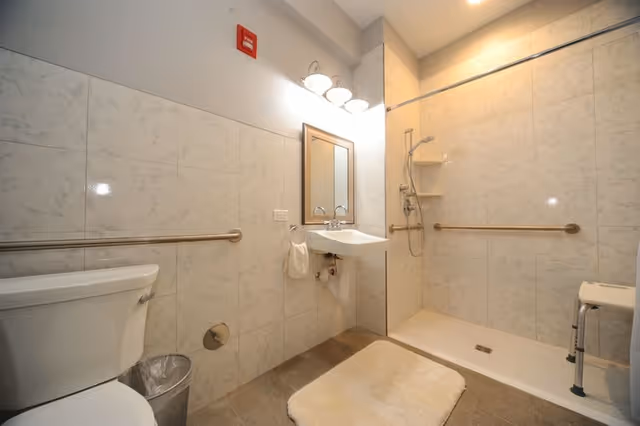 A clean, accessible bathroom featuring a toilet, a wall-mounted sink with a mirror above it, a walk-in shower with grab bars and a shower chair, and a beige bath mat on the floor.