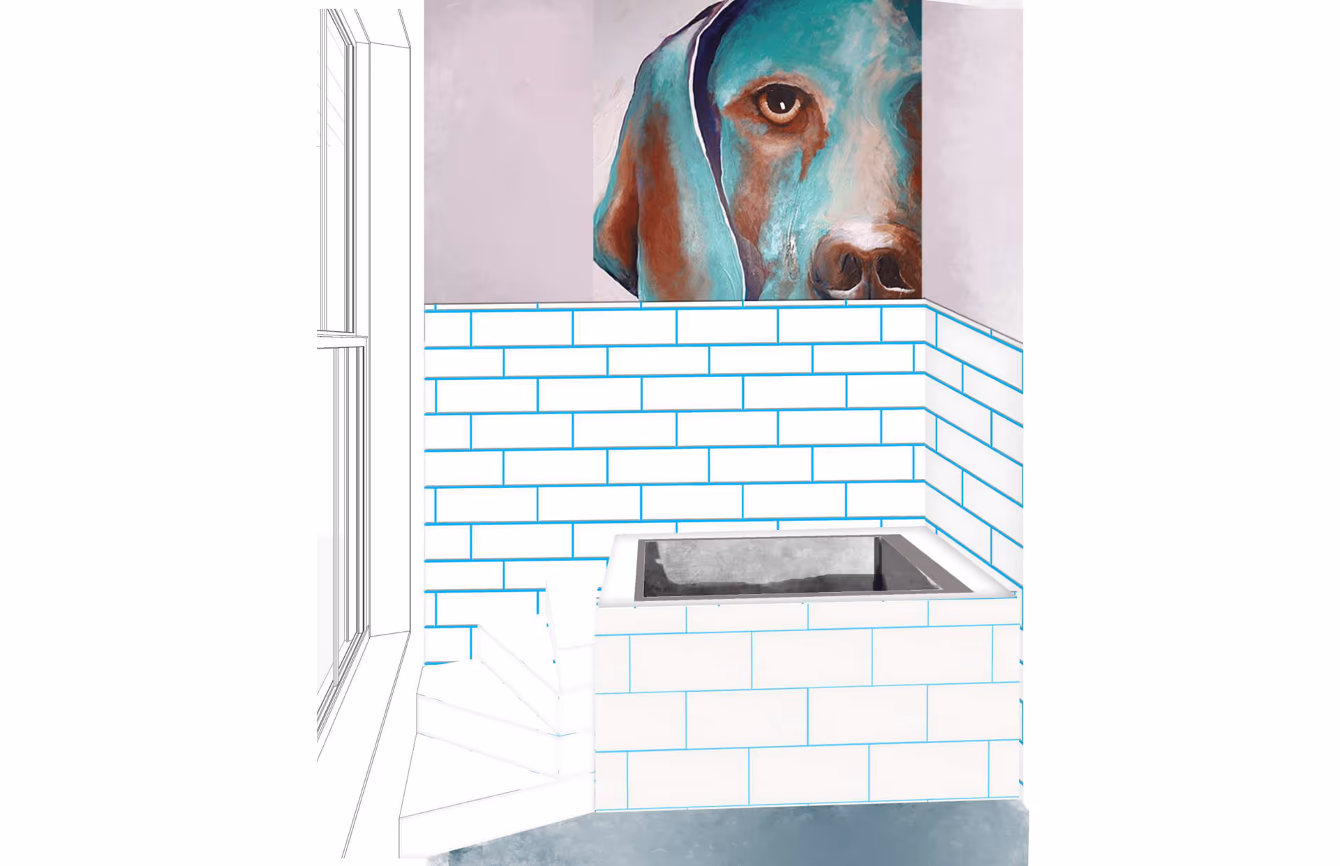 Tiled interior corner with a recessed square tub, a large dog painting on the wall, and a window at left.