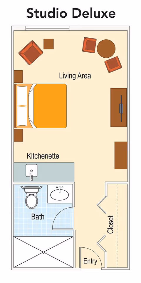 Floor plan of a Studio Deluxe apartment at Grand Villa of Lakeland showing a living area with a bed, three chairs, a round table, a TV stand, a kitchenette with a sink, a bathroom with a toilet and sink, an entry door, and a closet.