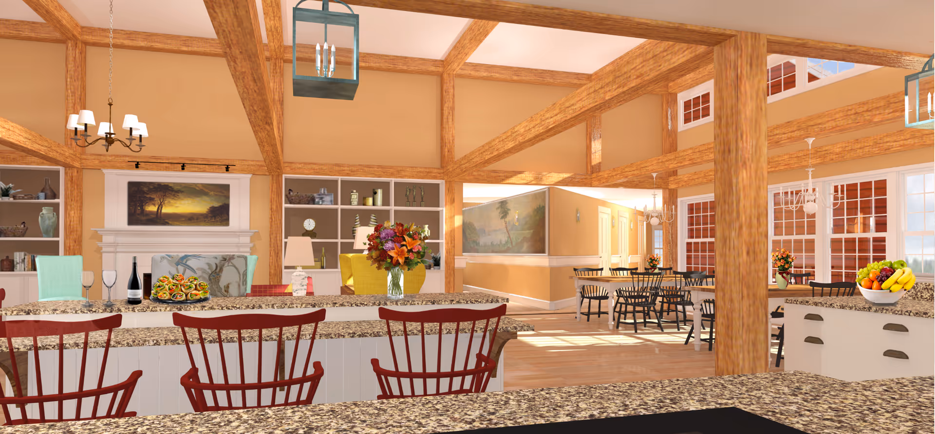 Open, sunlit communal dining and kitchen area with granite islands, red bar stools, wooden beams, and tables set for residents.