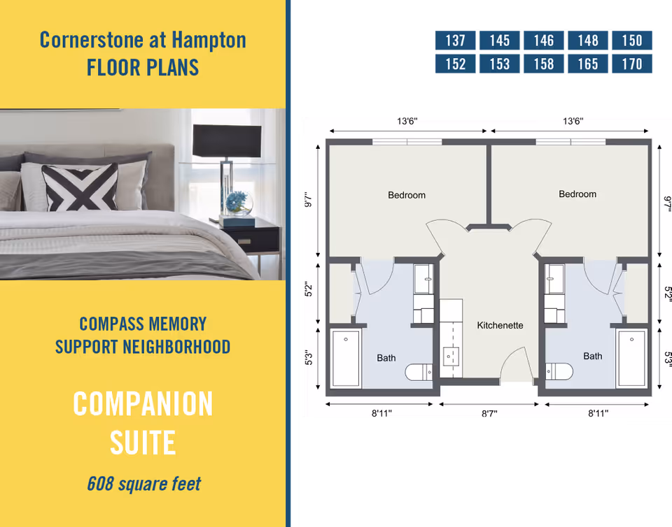 Floor plan of a companion suite at Cornerstone at Hampton showing two bedrooms, two bathrooms, and a kitchenette in the center. The suite is 608 square feet and is part of the Compass Memory Support Neighborhood.