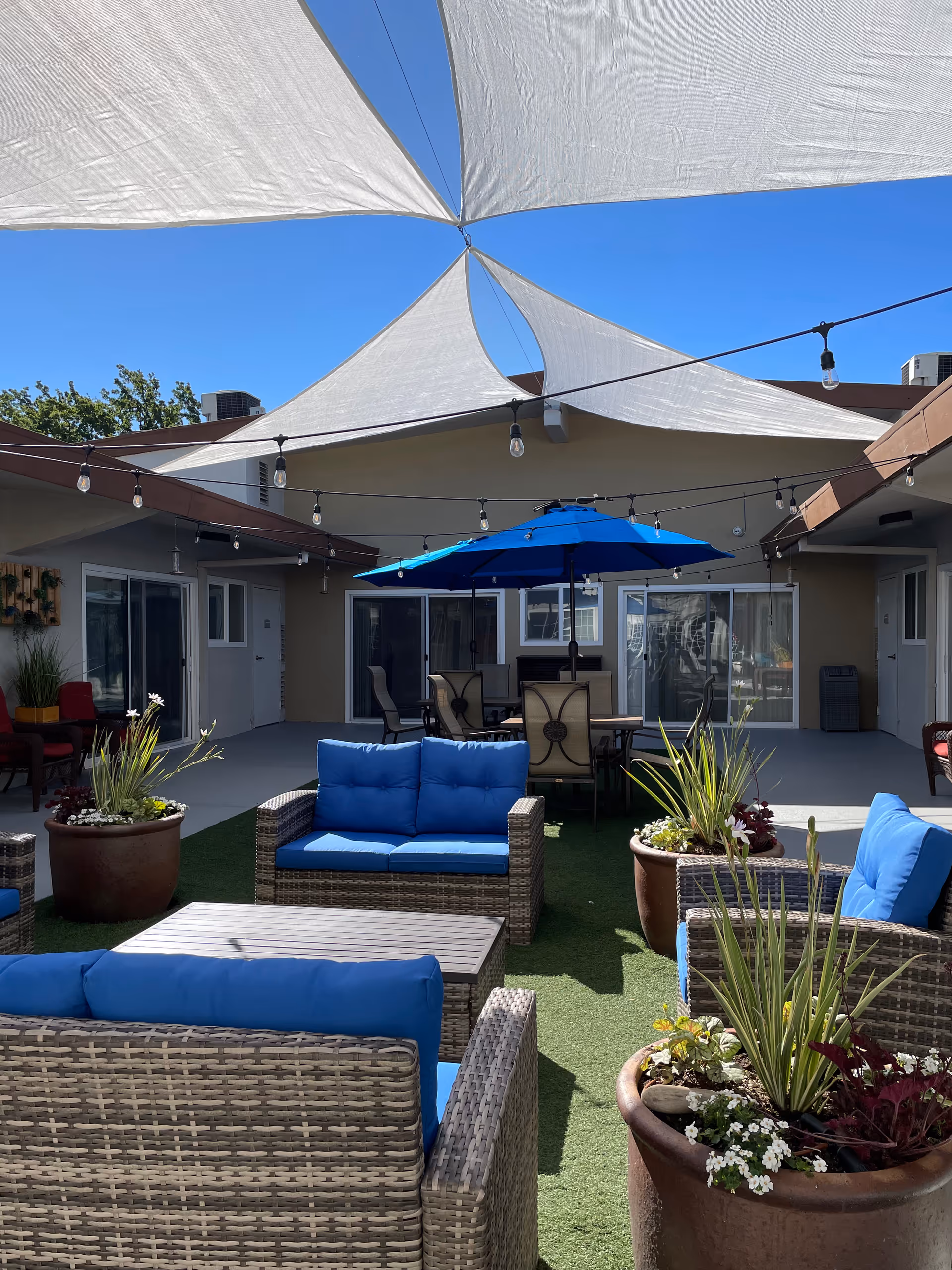 Sunlit outdoor courtyard with wicker seating and blue cushions, potted plants, string lights, and a central blue umbrella.