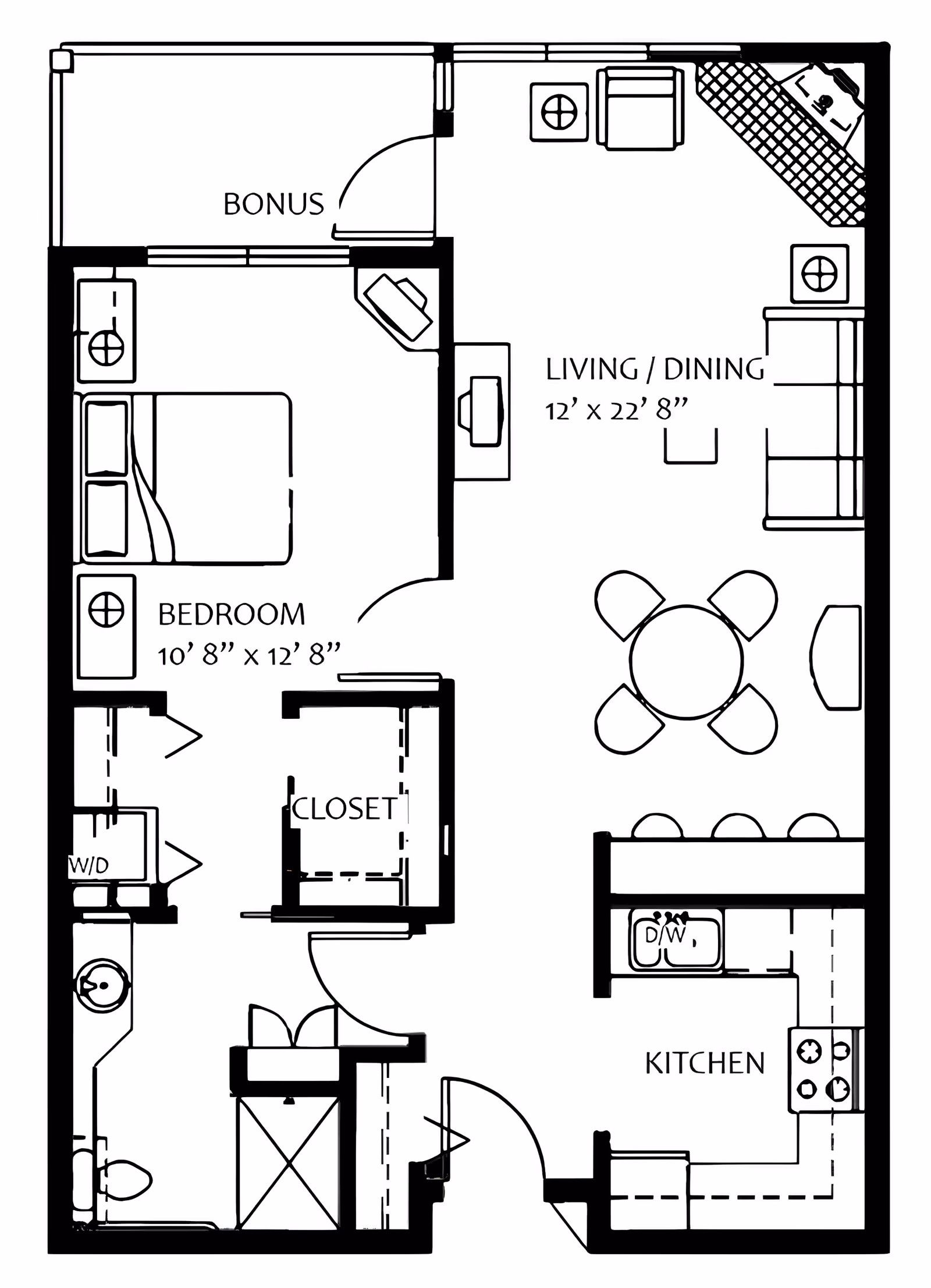 Architectural floor plan of a one-bedroom apartment at The Stafford Retirement Community, showing a bedroom, closet, bathroom with washer/dryer, kitchen with dishwasher and stove, living/dining area with furniture, and a bonus room.