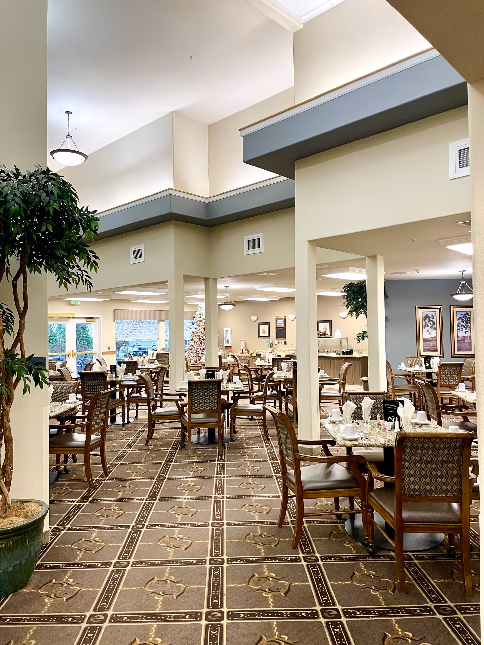 A spacious dining room in a senior living facility with multiple tables and chairs arranged neatly. The room features a patterned carpet, large windows letting in natural light, decorative plants, and framed artwork on the walls. A Christmas tree is visible in the background near the windows.