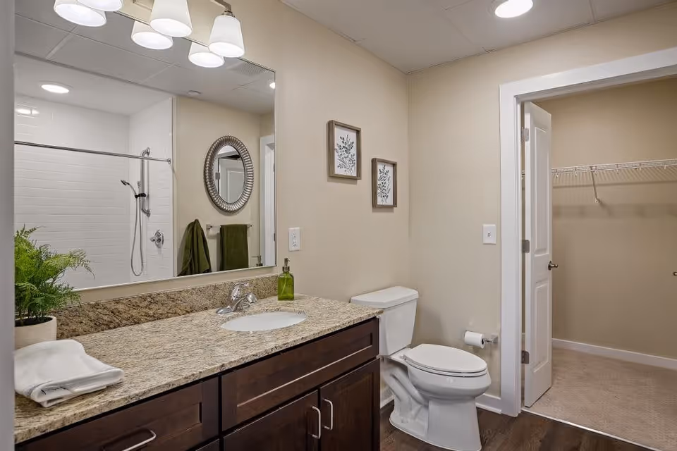 Bright bathroom featuring a granite countertop vanity with sink, mirror, toilet, shower, and an open walk-in closet.