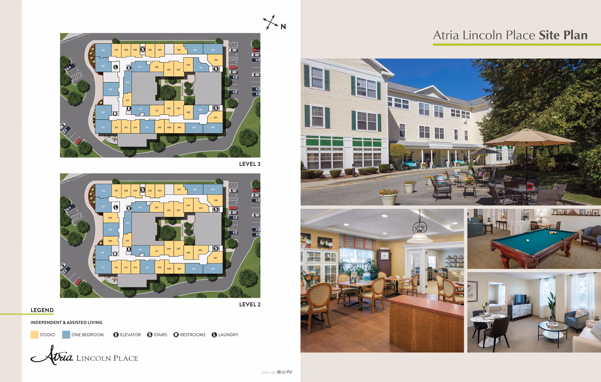 Site plan of Atria Lincoln Place showing level 2 and level 3 floor layouts with color-coded independent and assisted living units, elevators, stairs, restrooms, and laundry areas. Adjacent images include the exterior front view of the building with outdoor seating and umbrellas, a dining room with tables and chairs, a recreational room with a pool table, and a living room area with seating and a TV.