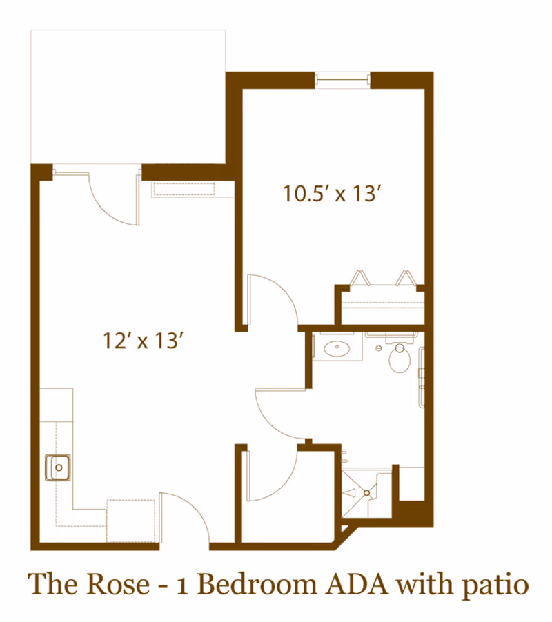 Floor plan layout titled 'The Rose - 1 Bedroom ADA with patio' showing a one-bedroom apartment with a patio. The plan includes a 12' x 13' living area with a kitchen, a 10.5' x 13' bedroom, and an ADA-compliant bathroom with a shower, sink, and toilet.