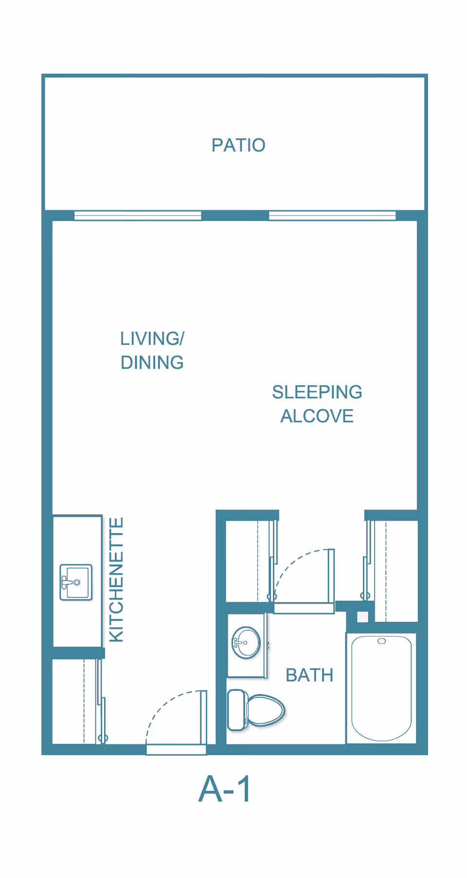 Floor plan labeled A-1 showing a patio, living/dining area, sleeping alcove, kitchenette, and a bathroom with a sink, toilet, and bathtub.