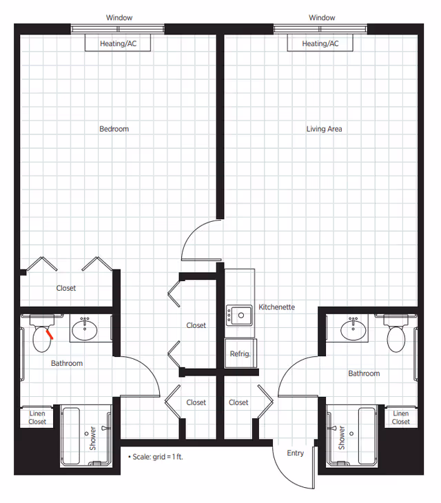 Architectural floor plan of a senior living unit at Belmont Village Senior Living Fort Lauderdale, showing a bedroom, living area, kitchenette, two bathrooms with showers, closets, linen closets, heating/AC units, and an entry door. The scale grid represents 1 foot per square.