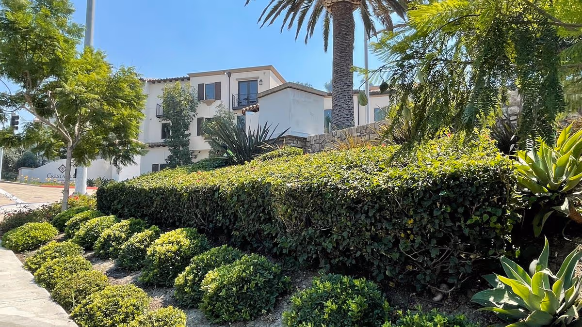 Exterior front of a Mediterranean-style residential building with manicured hedges, palm trees, and a sidewalk.