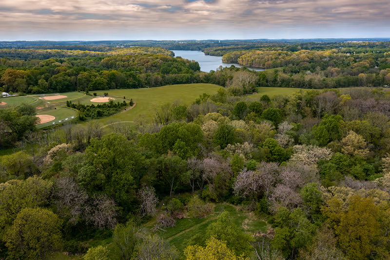 Aerial view of a wooded landscape with open fields, baseball diamonds, and a distant lake under a cloudy sky.