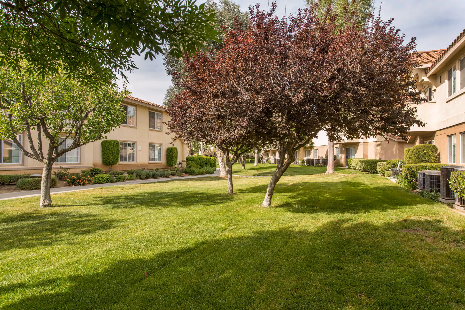 A grassy courtyard area with several trees and shrubs between two beige two-story buildings with tiled roofs and multiple windows, under a partly cloudy sky.