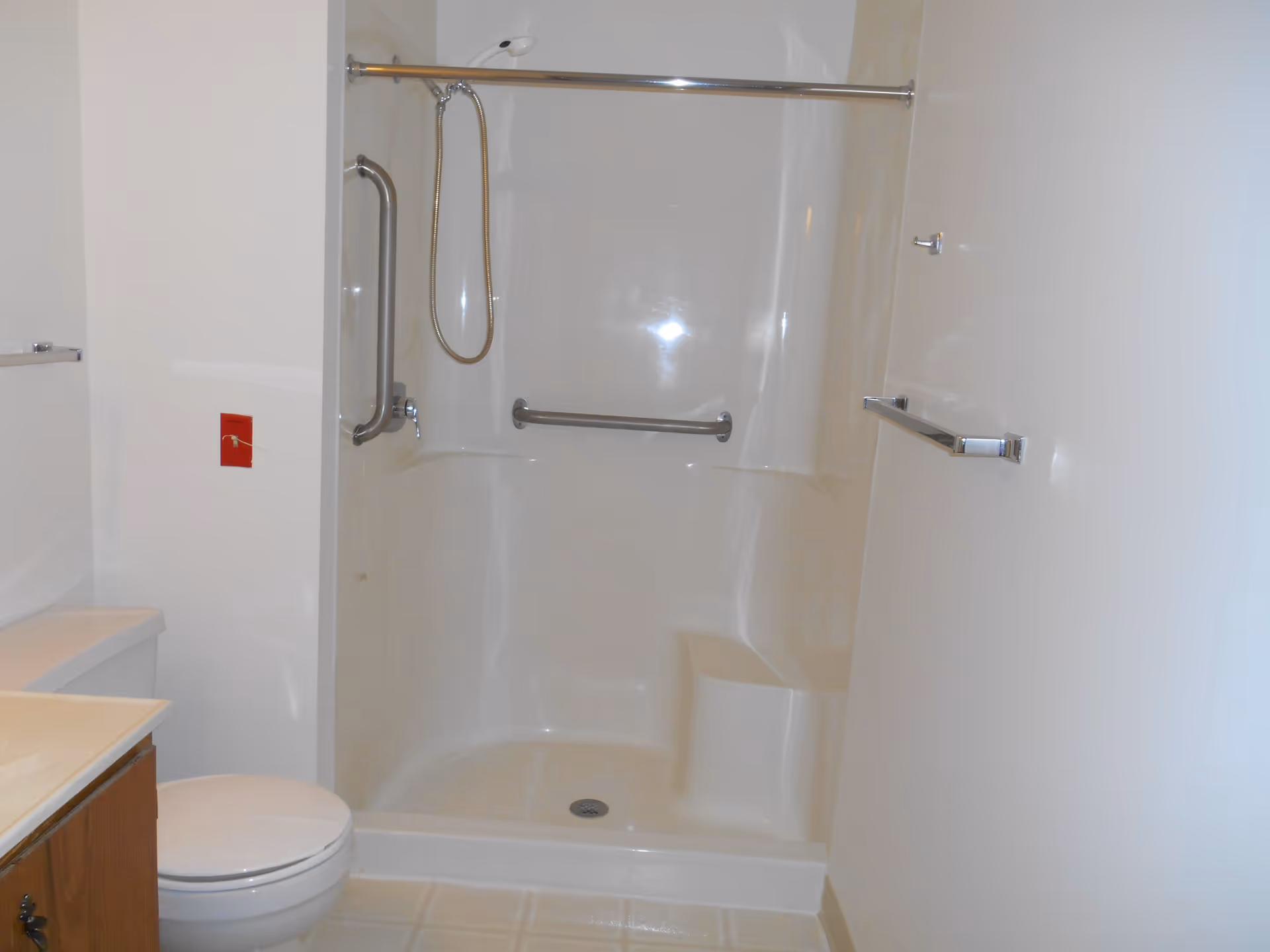 A bathroom with a white toilet, a wooden vanity with a countertop, and a walk-in shower with grab bars and a built-in seat. The shower has a handheld showerhead and a metal towel bar on the wall outside the shower.