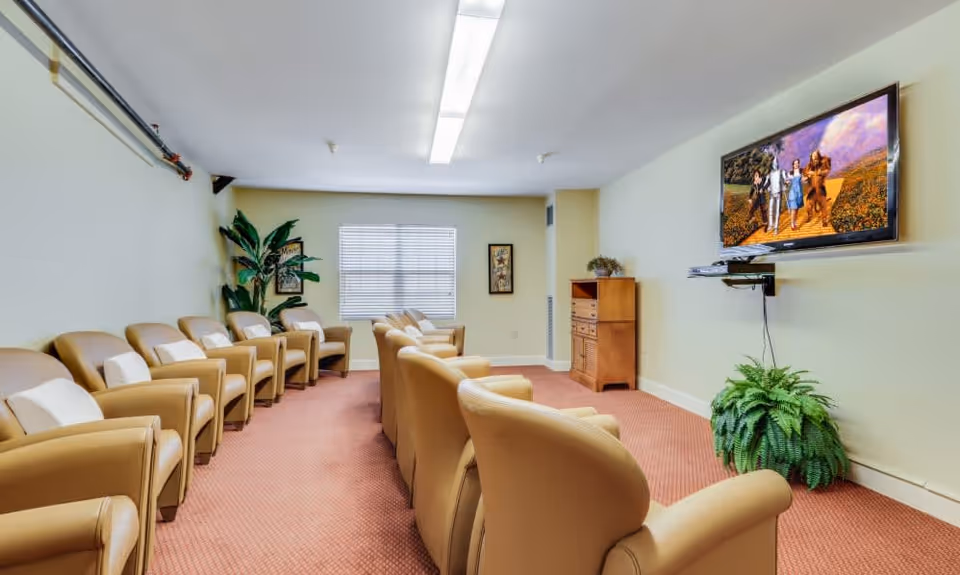 A room with two rows of beige armchairs facing a wall-mounted flat screen TV displaying an image from The Wizard of Oz. The room has light yellow walls, a window with blinds, a wooden cabinet, and some green plants for decoration.