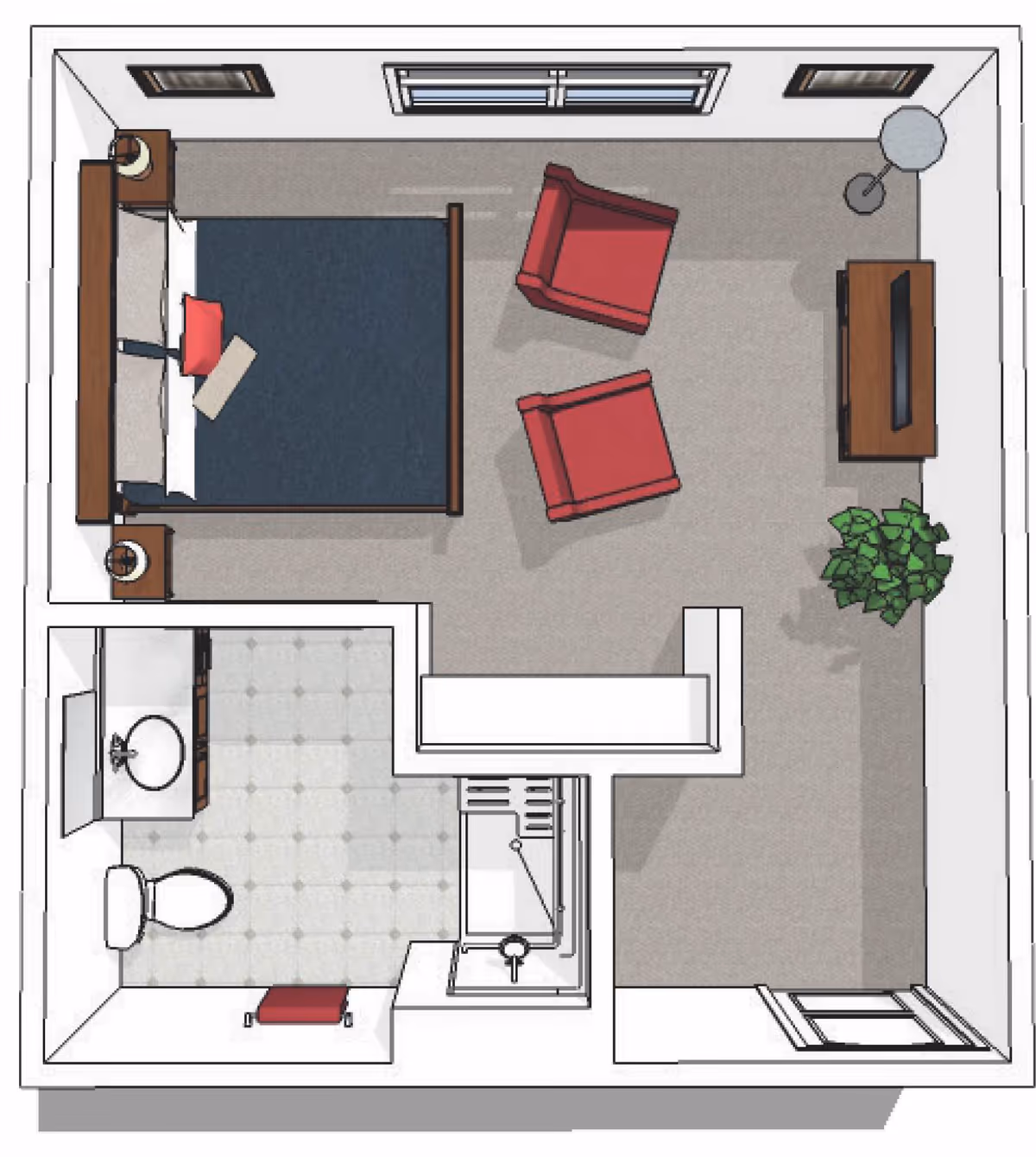 Top-down floor plan of a senior living facility room showing a bedroom and an attached bathroom. The bedroom includes a bed with two nightstands, two red armchairs, a TV on a stand, a floor lamp, and a plant. The bathroom has a sink, toilet, and bathtub with a shower.