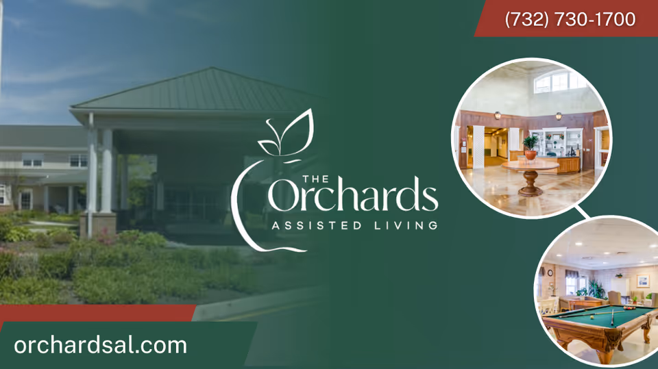 Exterior view of The Orchards Assisted Living facility with greenery and a covered entrance. Two circular inset images show an interior common area with a round table and a reception desk, and a recreational room with a pool table and seating.