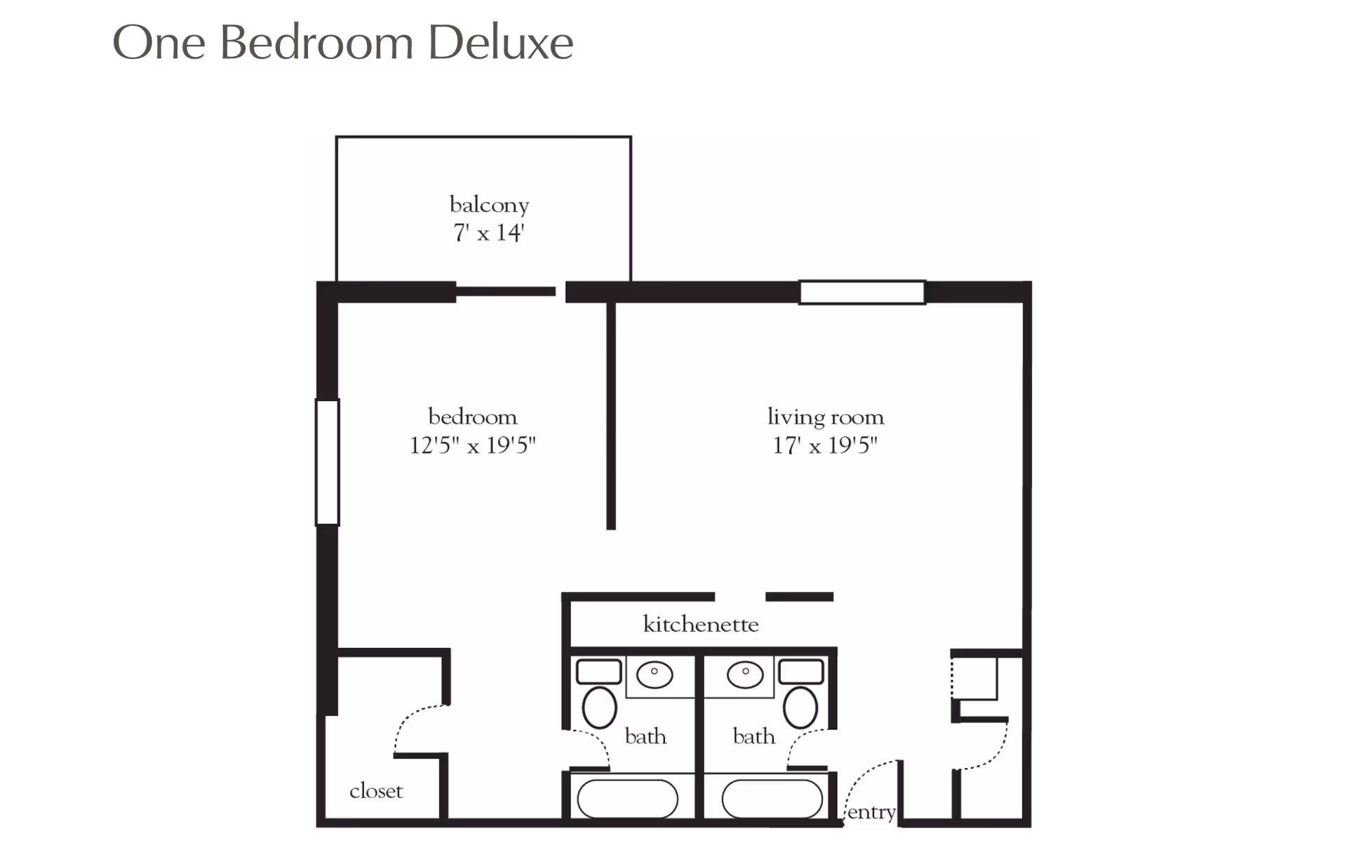 Floor plan of a one bedroom deluxe apartment showing a bedroom, living room, kitchenette, two bathrooms, closet, entry, and a balcony measuring 7 by 14 feet.
