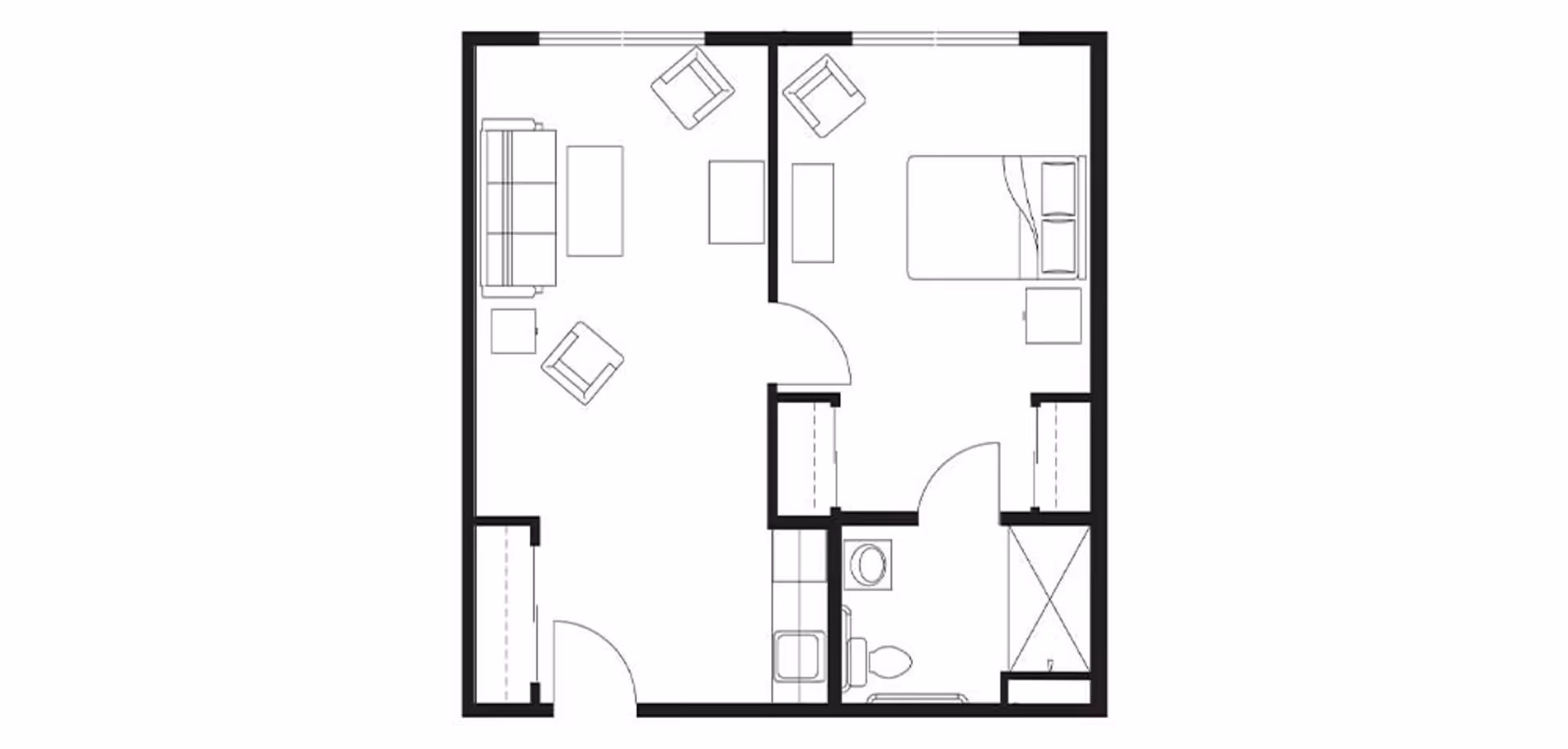 Architectural floor plan of a one-bedroom apartment showing a living room with sofa, chairs, and coffee table, a bedroom with a bed and nightstands, and a bathroom with a toilet, sink, and shower.