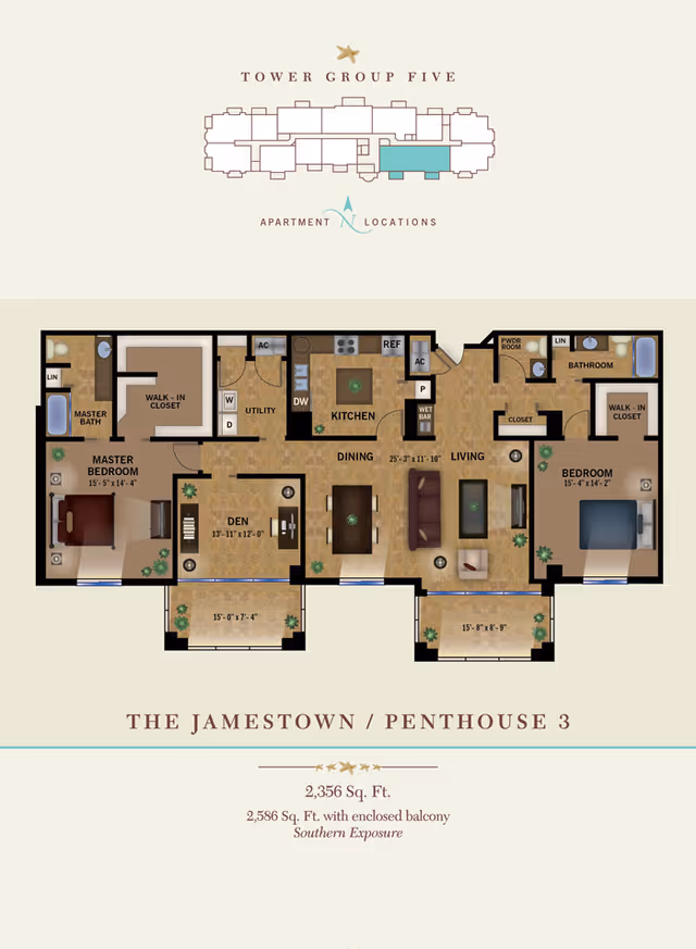 Floor plan of The Jamestown Penthouse 3 at Tower Group Five, showing a layout with a master bedroom with walk-in closet and master bath, a second bedroom with walk-in closet and bathroom, a den, kitchen, dining area, living room, utility room, powder room, and two enclosed balconies. The total area is 2,356 square feet, or 2,586 square feet with enclosed balcony, with southern exposure.