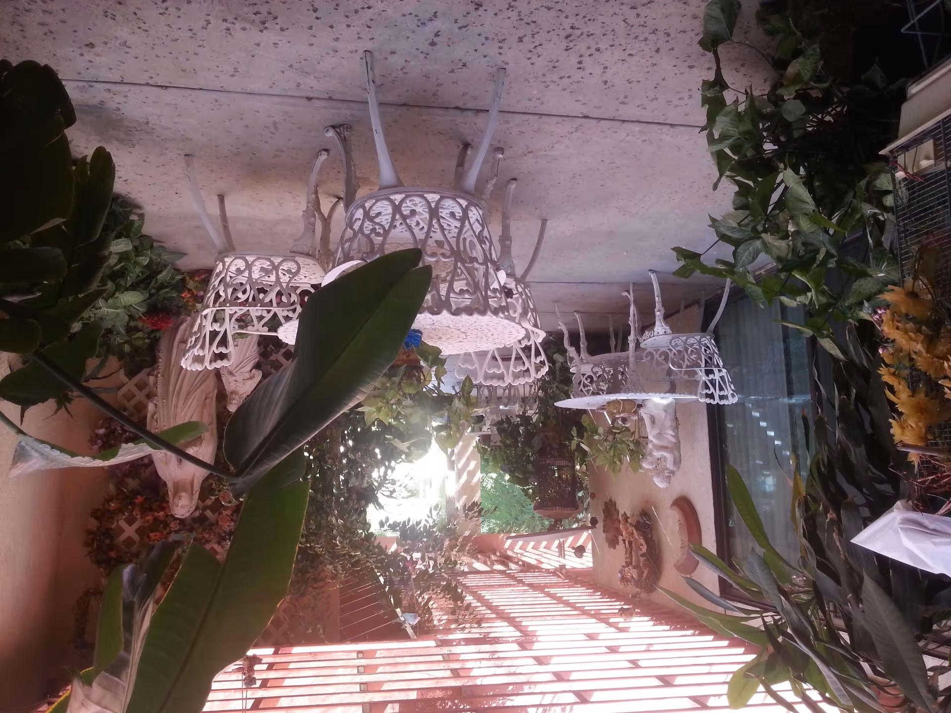 Covered patio with white wrought-iron chairs and tables surrounded by potted plants and hanging greenery.