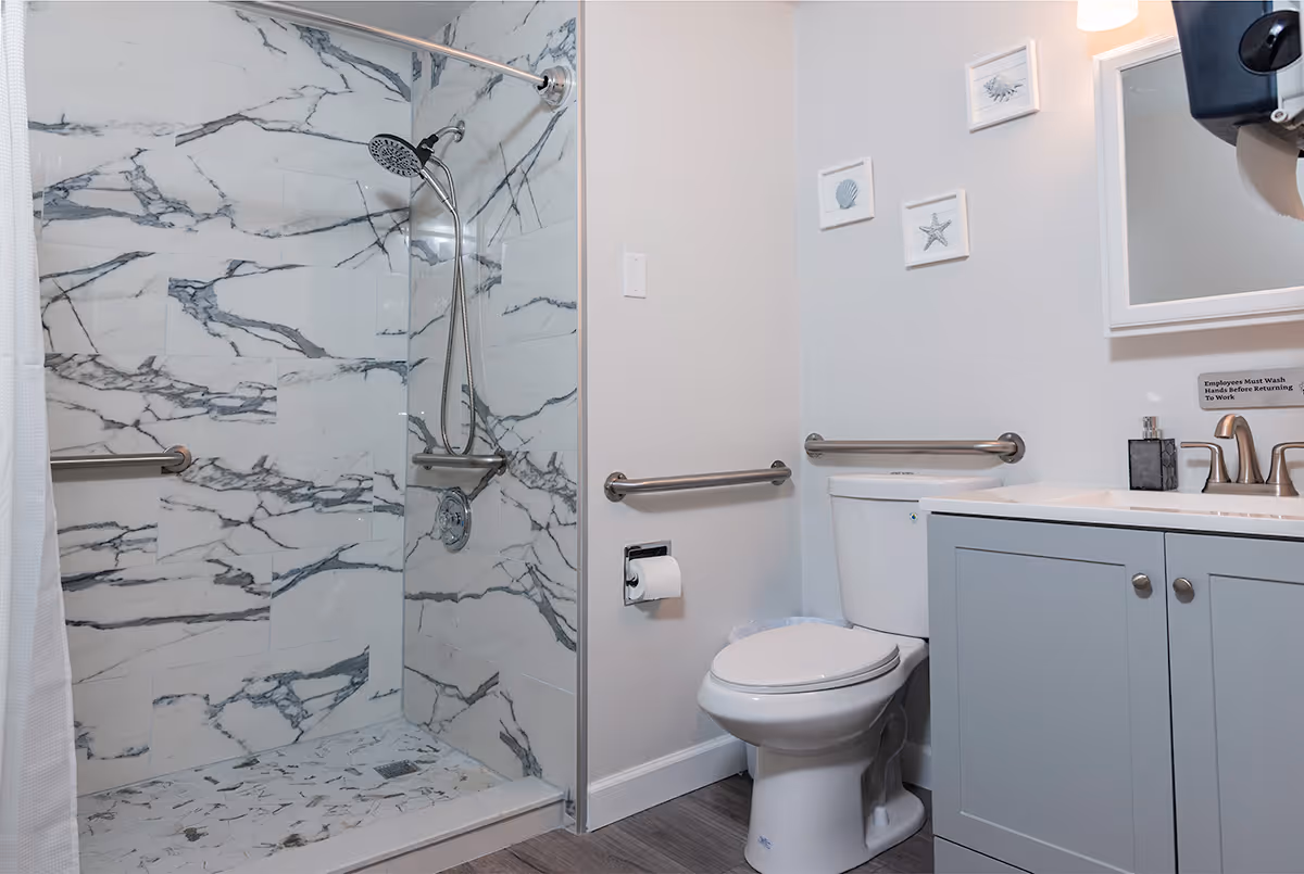 A clean and modern bathroom featuring a walk-in shower with marble-patterned tiles, a white toilet with grab bars on the walls, a light gray vanity with a sink and faucet, a mirror above the sink, and three small framed sea-themed artworks on the wall.