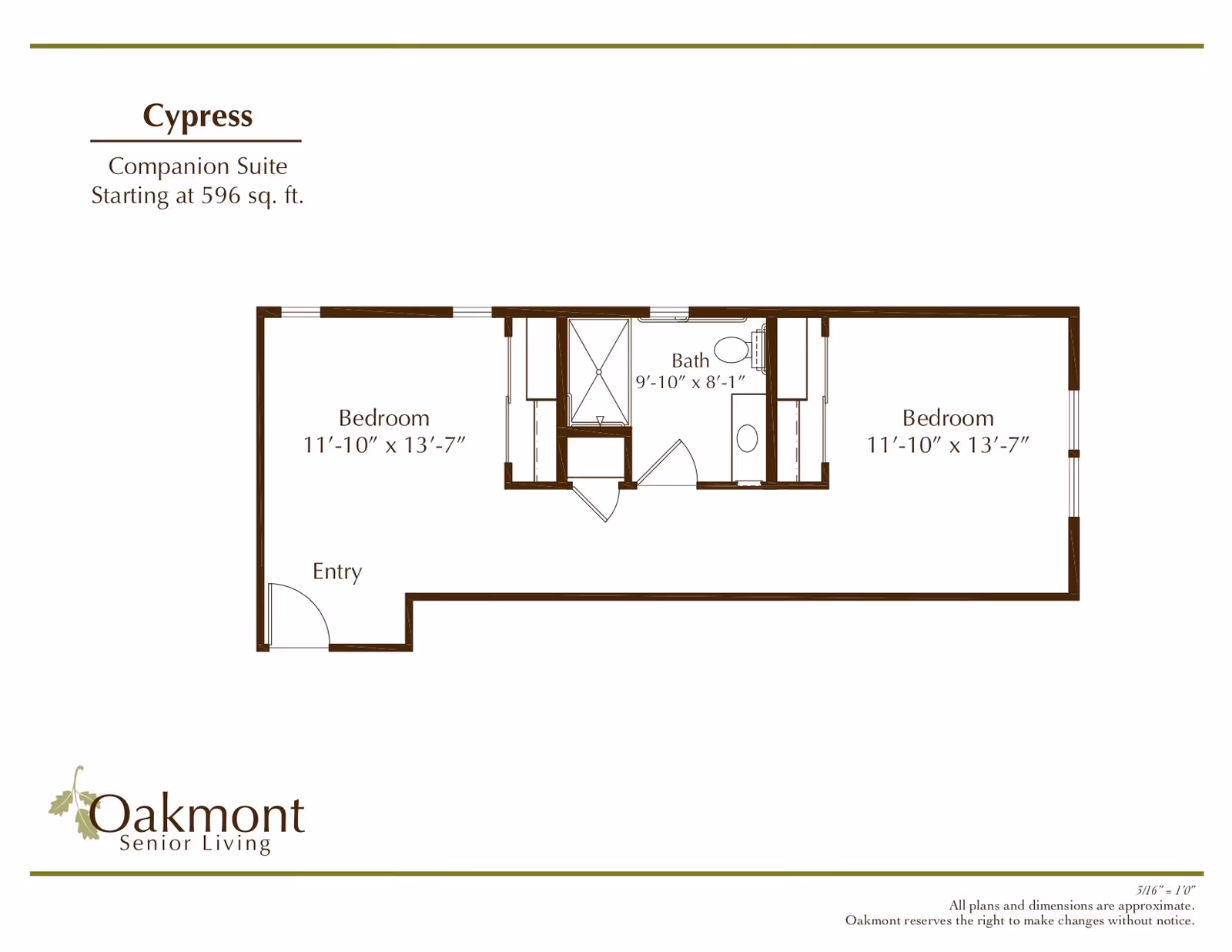 Floor plan for Cypress companion suite at Oakmont Senior Living, showing two bedrooms each measuring 11 feet 10 inches by 13 feet 7 inches, a bathroom measuring 9 feet 10 inches by 8 feet 1 inch, and an entry area. The total area starts at 596 square feet.