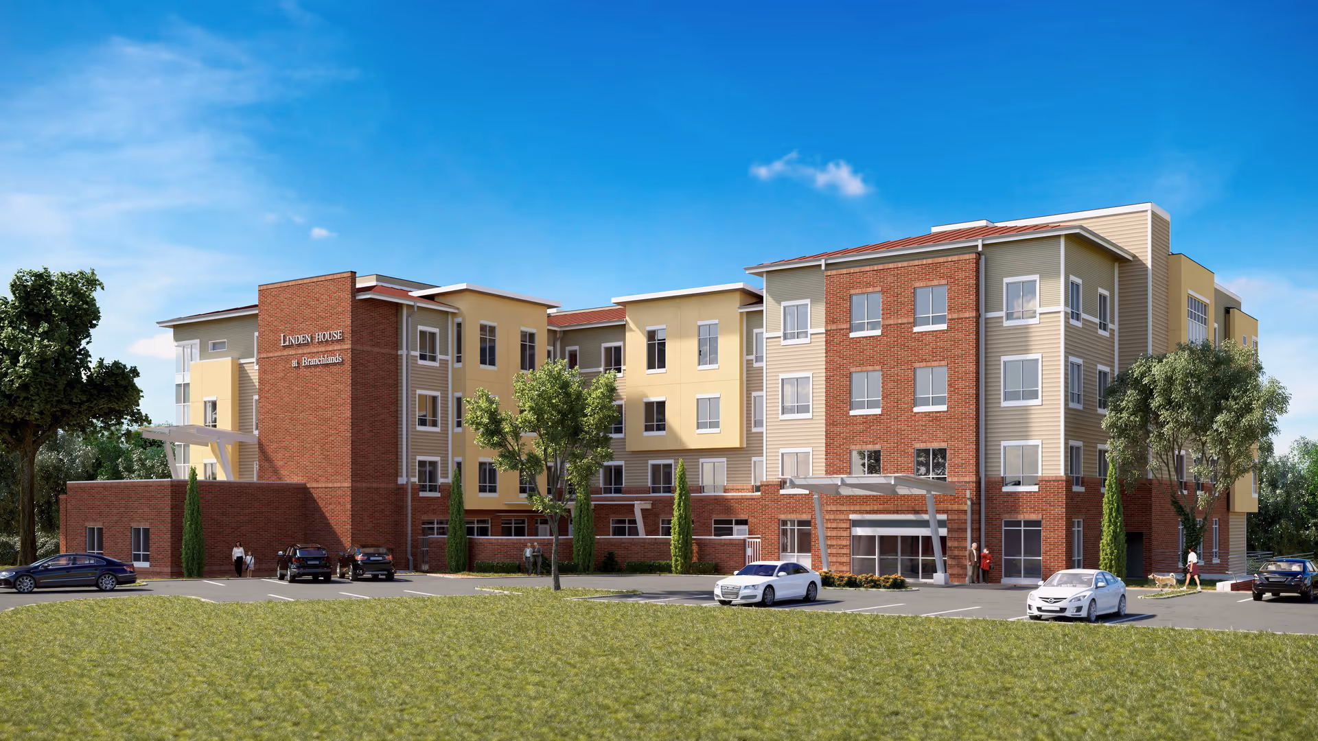 Exterior view of a multi-story assisted living and memory care facility named Linden House at Branchlands, featuring a combination of brick and beige siding with several windows, a parking lot with cars, and a few people walking near the entrance and around the building.