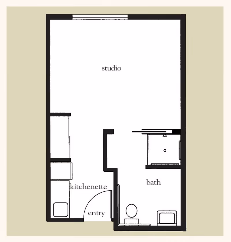 Floor plan layout of a studio apartment at Vitality Living Springdale, showing an entry leading to a kitchenette on the left, a studio living space, and a bathroom with a toilet and shower on the right.