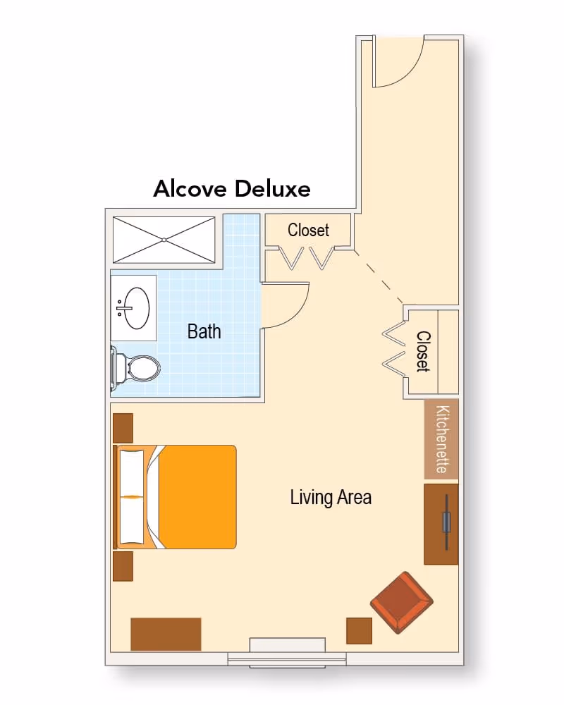 Simplified floor plan labeled 'Alcove Deluxe' showing a living area with a bed, bath, kitchenette, closets and furniture.