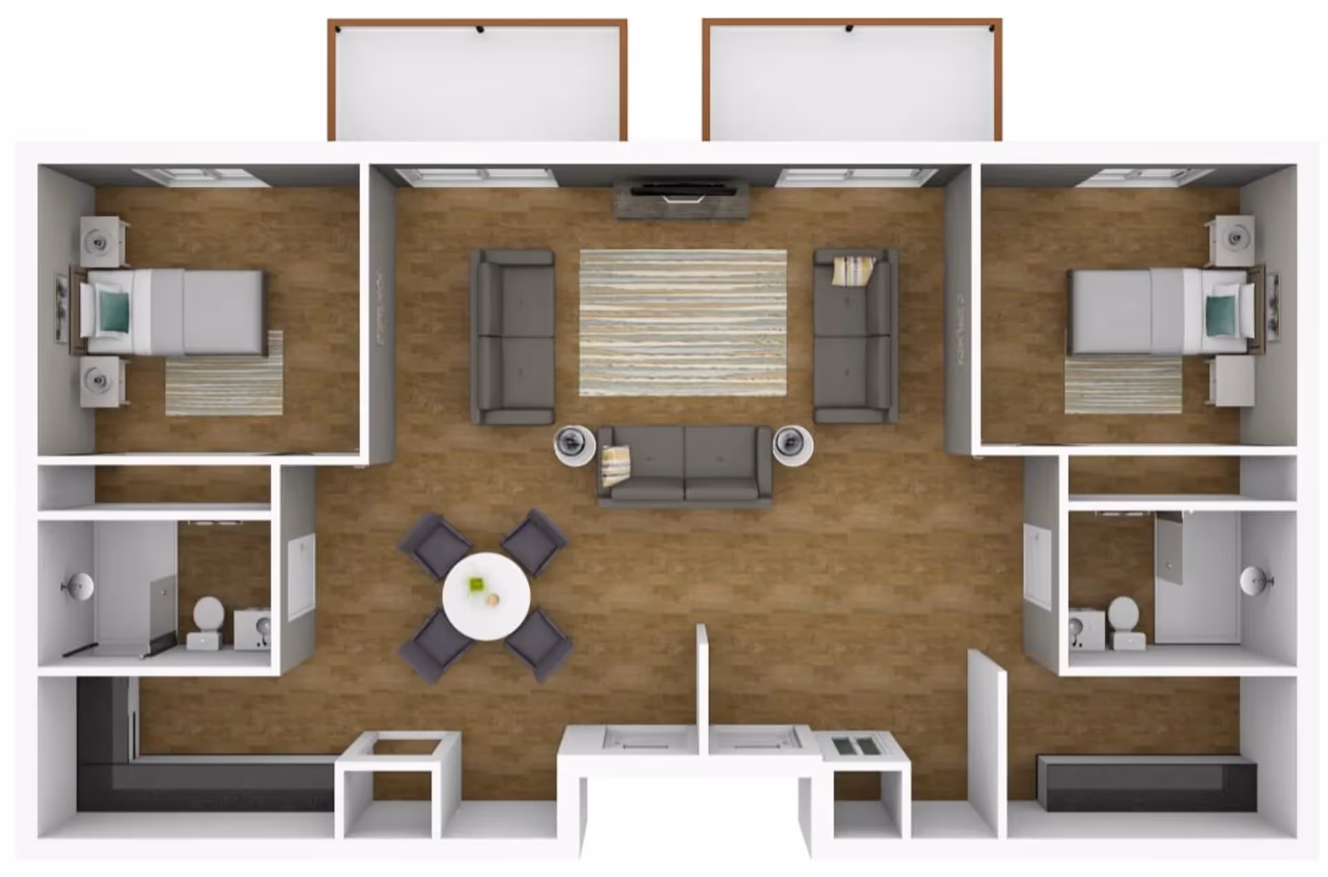 Top-down view of a floor plan showing two bedrooms each with a bed and nightstands, two bathrooms with toilets and showers, a central living room area with three sofas and a rug, and a dining area with a round table and four chairs. The layout also includes a kitchen area with counters and appliances.