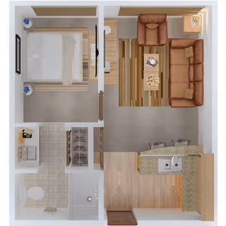Top-down view of a small apartment floor plan featuring a bedroom with a bed and two nightstands, a living room with a sofa, armchair, coffee table, and rug, a kitchen with a sink and counter, and a bathroom with a toilet, sink, and shower.