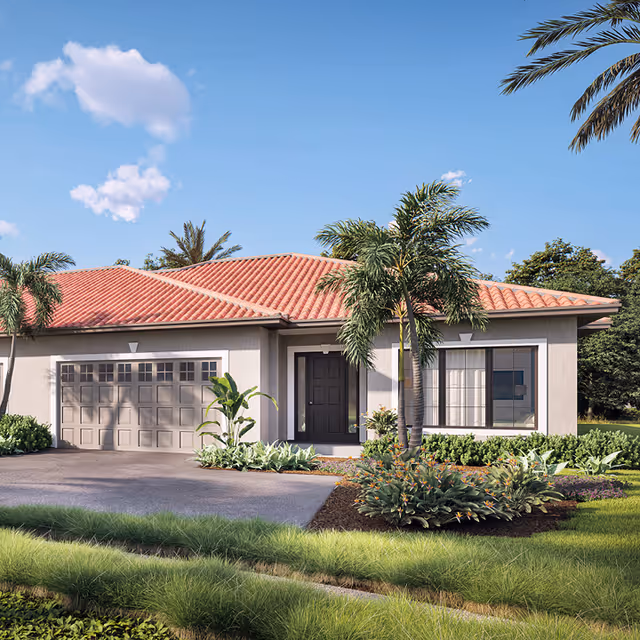 Single-story house with a red tiled roof, beige exterior walls, a double garage door, and a front entrance door. The house is surrounded by well-maintained landscaping including palm trees, shrubs, and green grass under a clear blue sky.