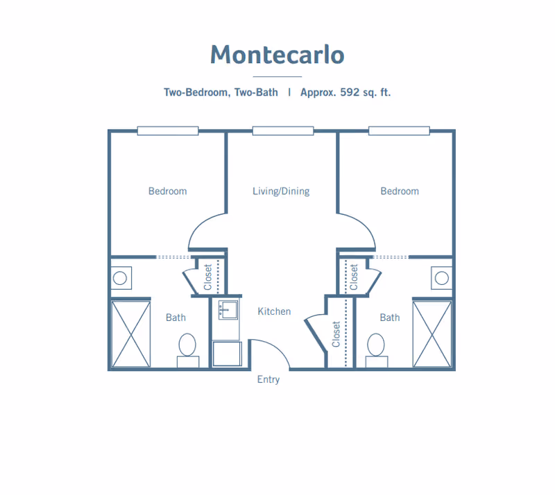 Floor plan of Montecarlo unit showing two bedrooms, two bathrooms, a kitchen, and a combined living/dining area with approximate size of 592 square feet.
