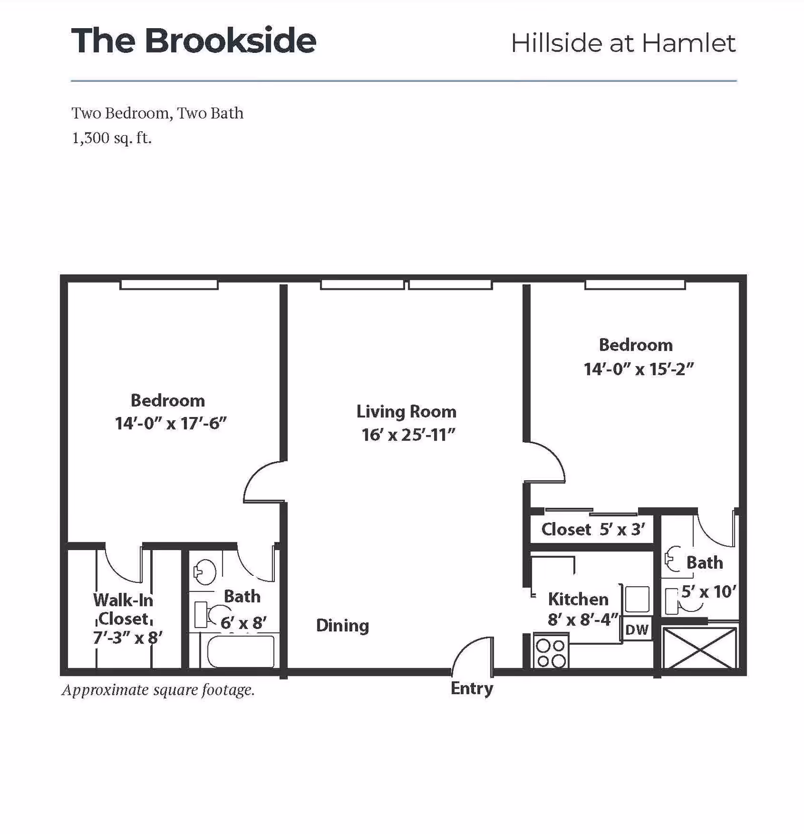 Floor plan of The Brookside at Hillside at Hamlet, showing a two-bedroom, two-bath apartment with 1,300 square feet. The layout includes two bedrooms, a living room, dining area, kitchen, two bathrooms, a walk-in closet, and an entryway.