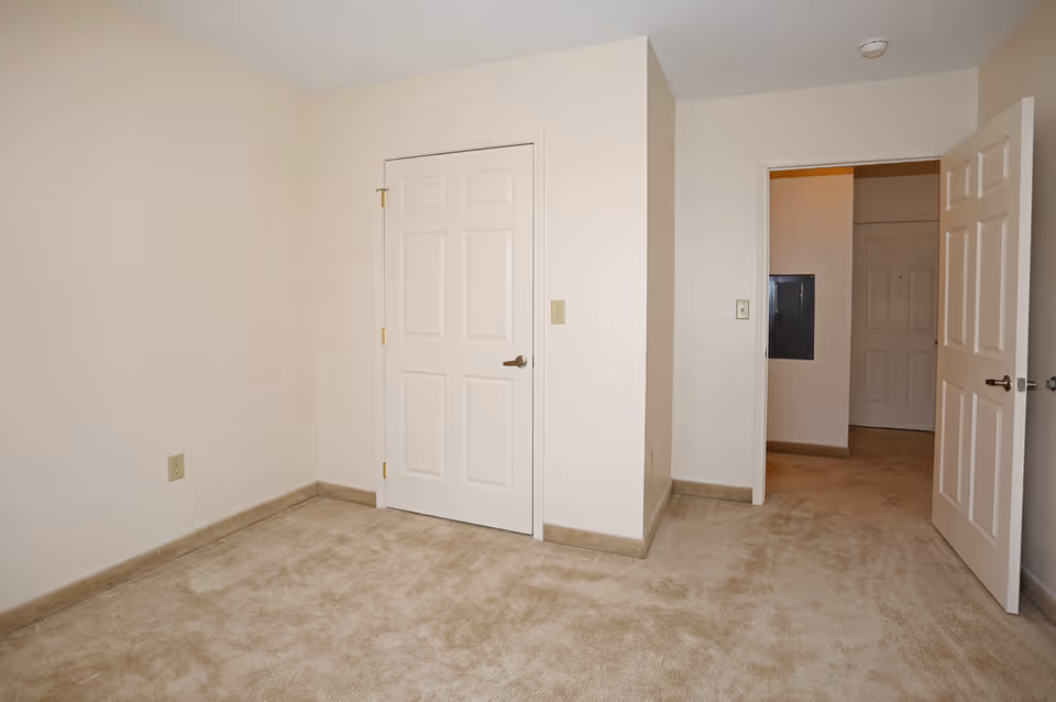 Empty carpeted bedroom with a closed closet door and an open doorway leading to a hallway.