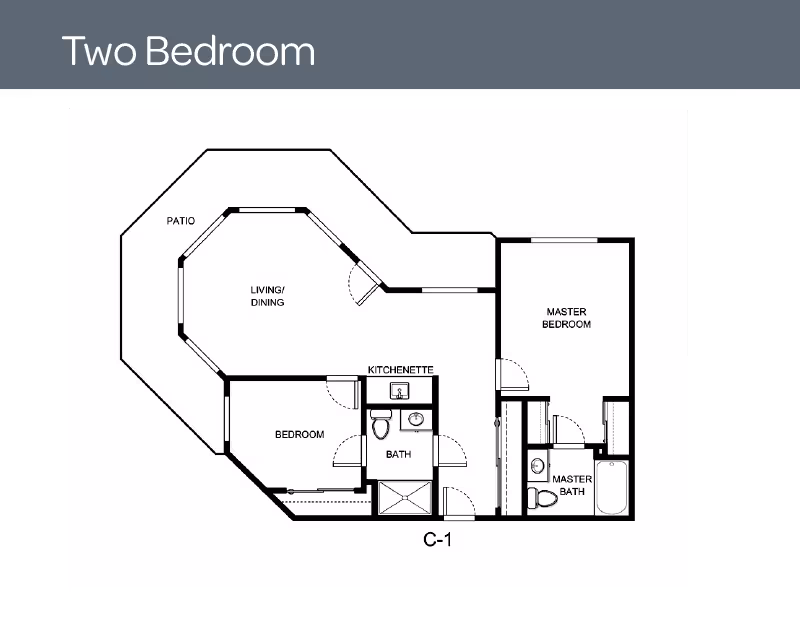 Architectural floor plan of a two-bedroom senior living unit at Jackson Meadow, showing a master bedroom with master bath, a second bedroom, a kitchenette, a bath, a living/dining area, and a patio.