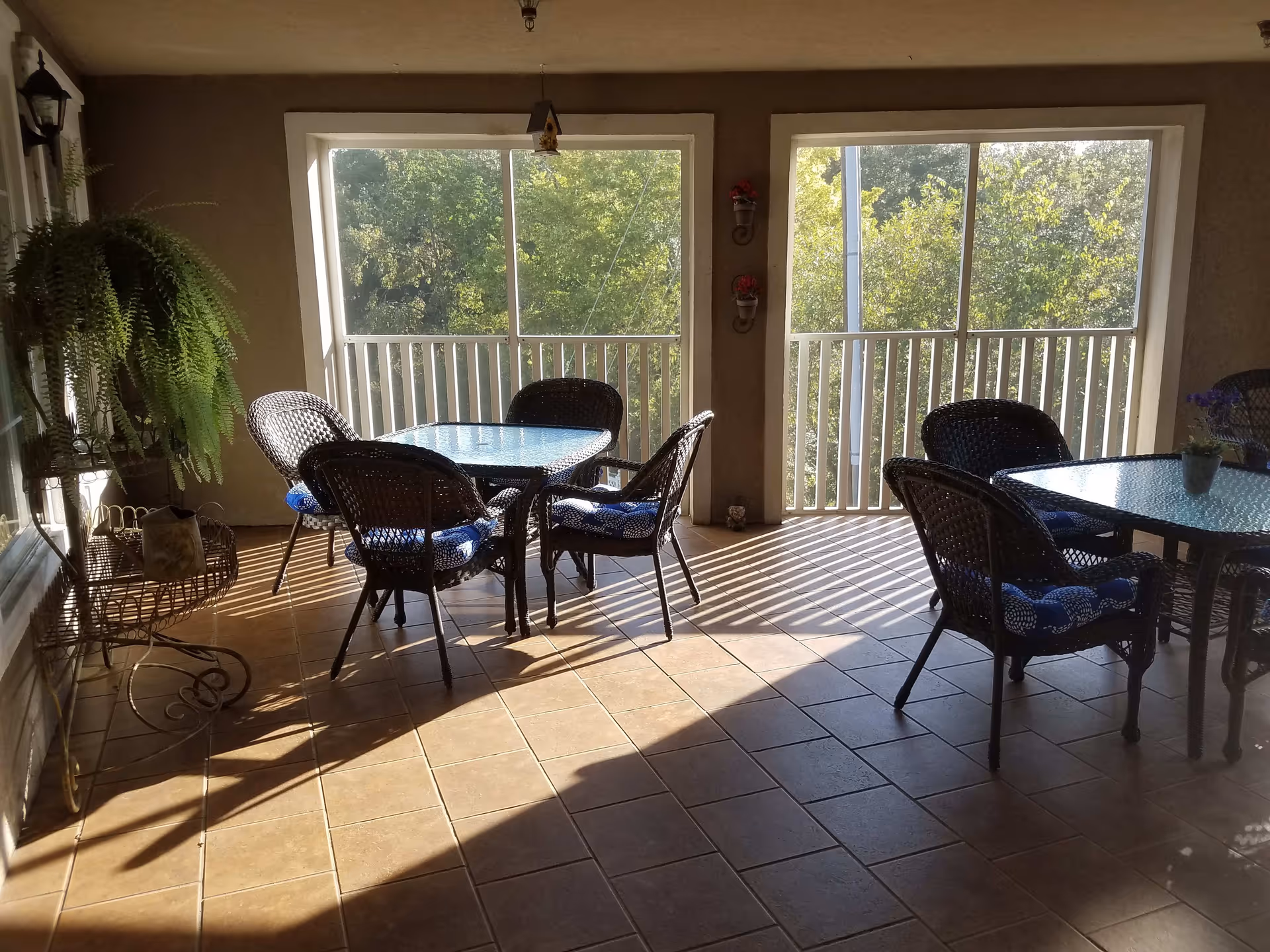 A sunlit indoor patio area with two glass-top tables surrounded by wicker chairs with blue cushions. The space has large windows with white railings overlooking green trees outside. There is a potted fern on a metal stand to the left and small wall-mounted planters with red flowers between the windows.
