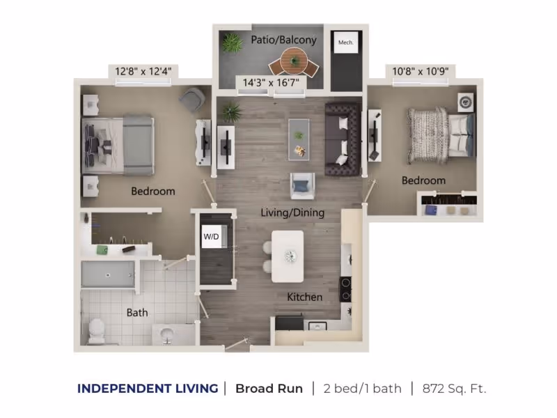 Floor plan of an independent living apartment named Broad Run at Harper’s Station Gainesville, featuring two bedrooms, one bathroom, a kitchen with an island, a combined living and dining area, and a patio/balcony. The apartment measures 872 square feet.