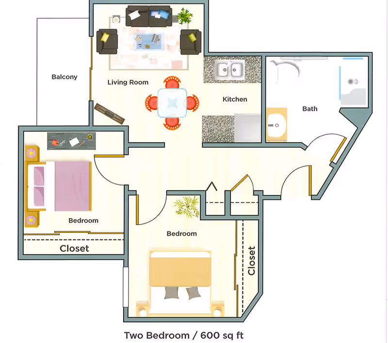 Floor plan of a two-bedroom, 600 square foot senior living apartment at Blossom Vale Senior Living, showing a living room with seating and a dining table, a kitchen with a sink and counter space, a bathroom with a shower and sink, two bedrooms each with a closet, and a balcony accessible from the living room.
