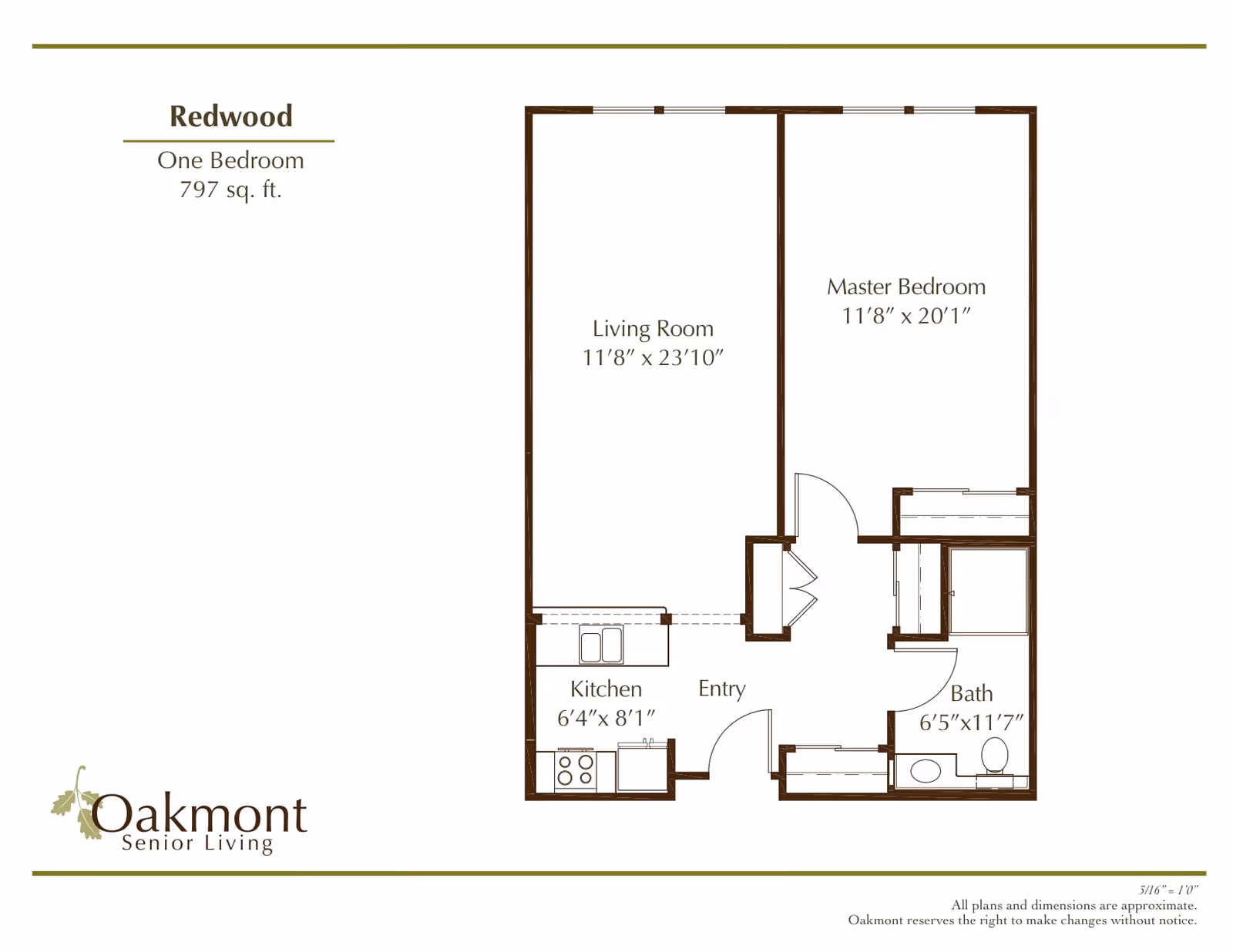 Floor plan of Redwood one-bedroom apartment at Oakmont Senior Living, showing a living room, master bedroom, kitchen, entry, and bathroom with dimensions.