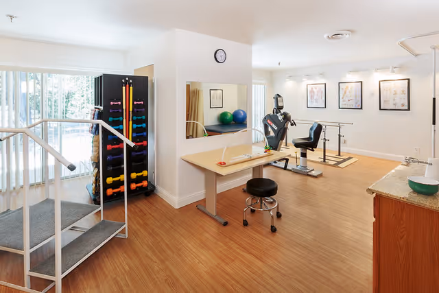 A bright physical therapy room with wooden flooring featuring exercise equipment including a set of colorful dumbbells on a rack, a small staircase with handrails, a therapy table with a stool, a stationary exercise bike, and parallel bars. The room has large windows with vertical blinds, anatomical charts on the walls, a clock, and a mirror reflecting exercise balls.
