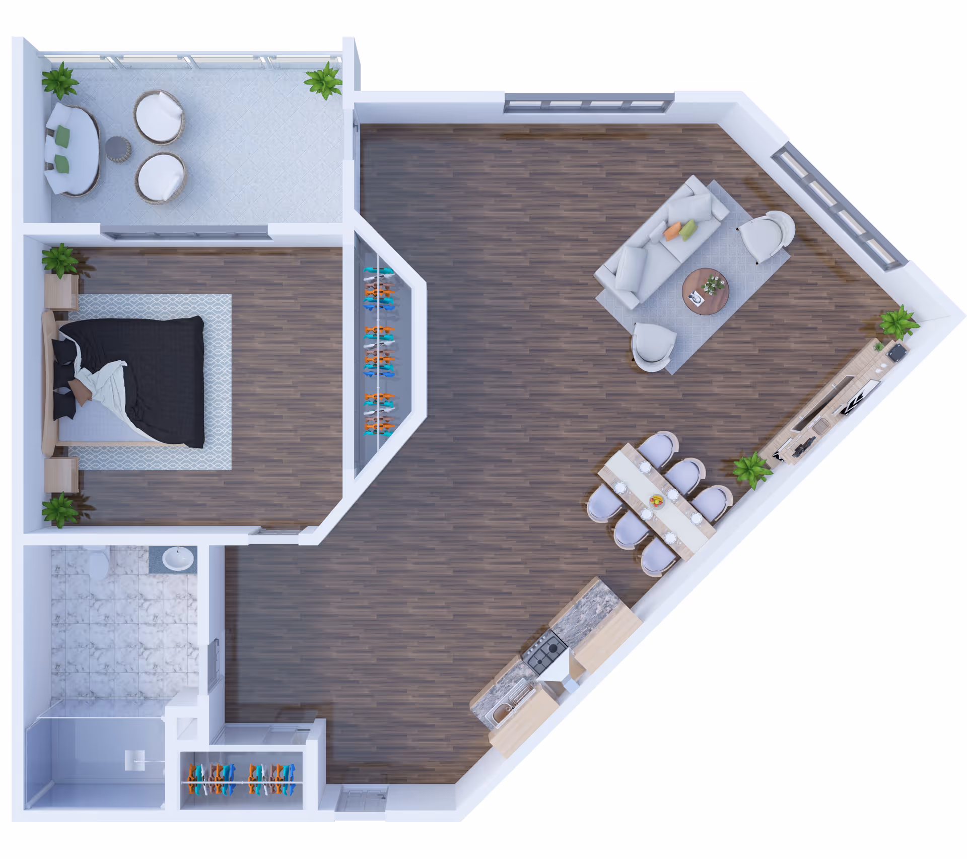 Top-down view of a senior living apartment floor plan featuring a bedroom with a bed and nightstands, a bathroom with a shower and sink, a kitchen area with appliances and a dining table with six chairs, a living room with a sofa, two chairs, a coffee table, and a TV stand, and a balcony with outdoor seating and plants.