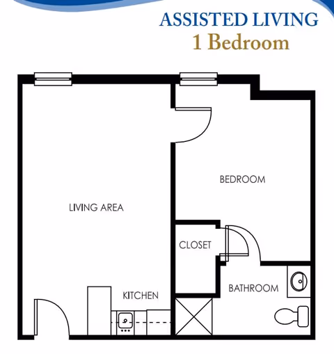 Floor plan of a one-bedroom assisted living unit at Maristone of Franklin, showing a living area, kitchen, bedroom, closet, and bathroom with toilet and sink.